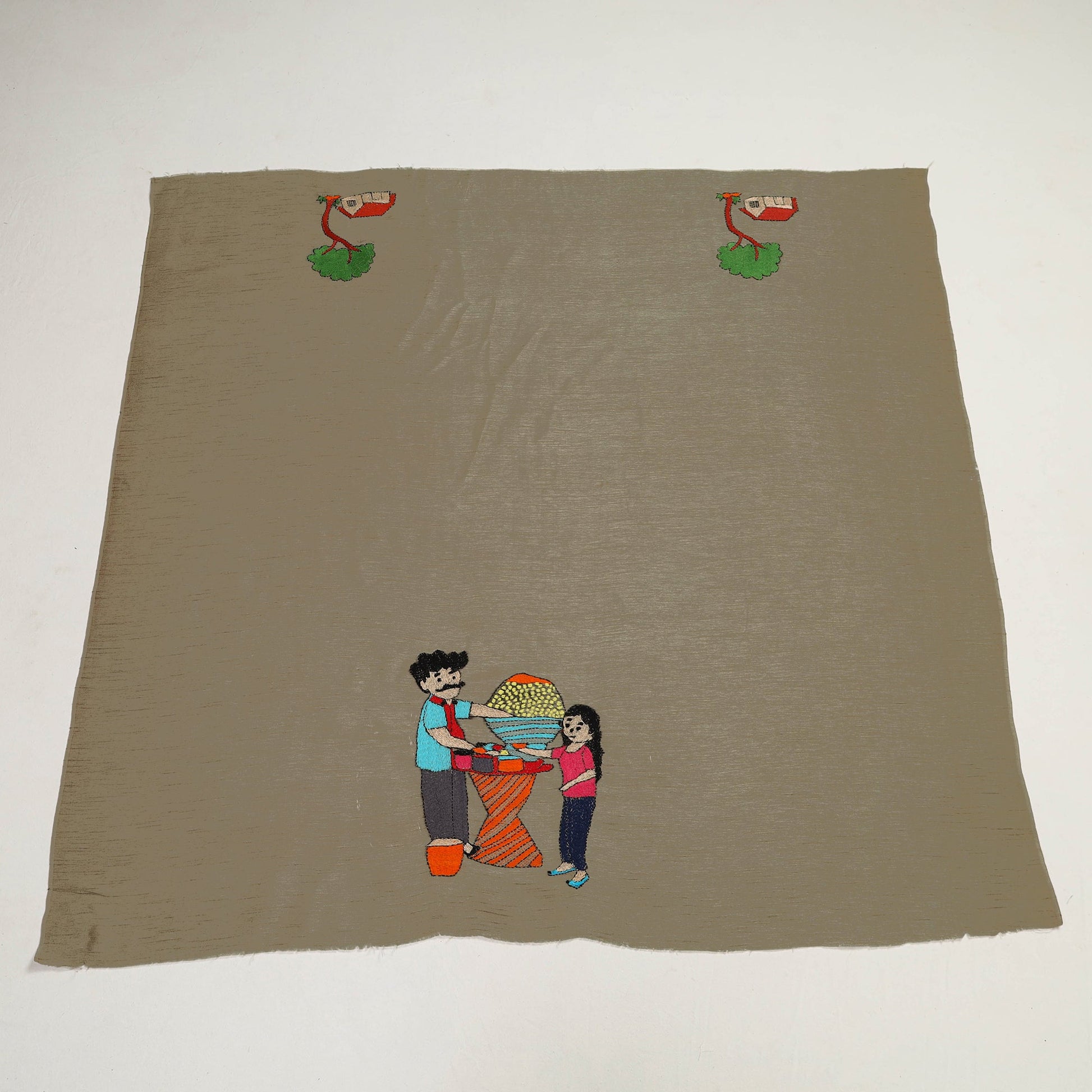 Beige - Bengal Kantha Embroidery Raw Silk Blouse Piece 37