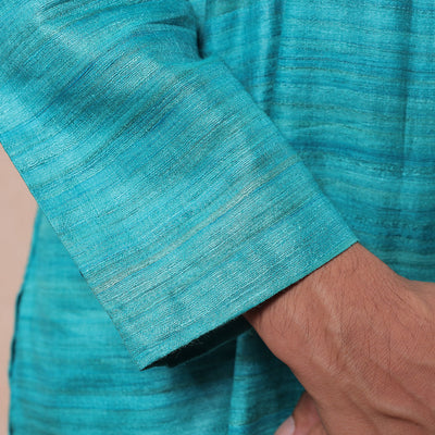Aqua Blue - Men Tussar Ghicha Silk Handloom Long Kurta