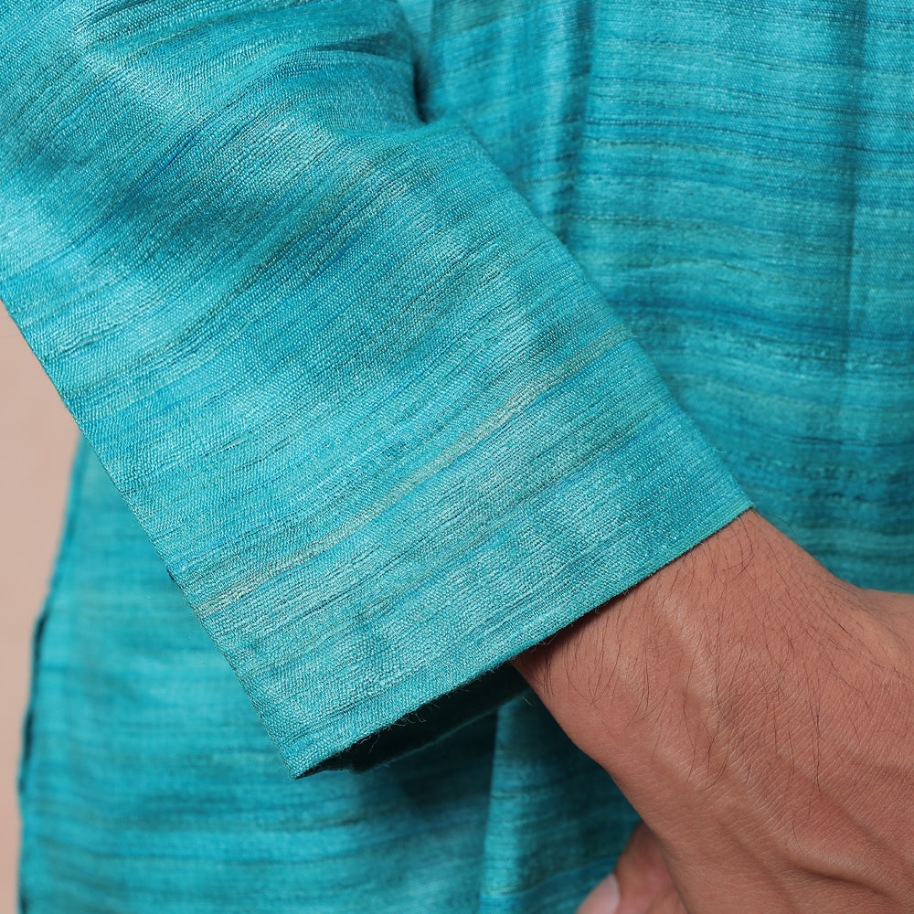 Aqua Blue - Men Tussar Ghicha Silk Handloom Long Kurta