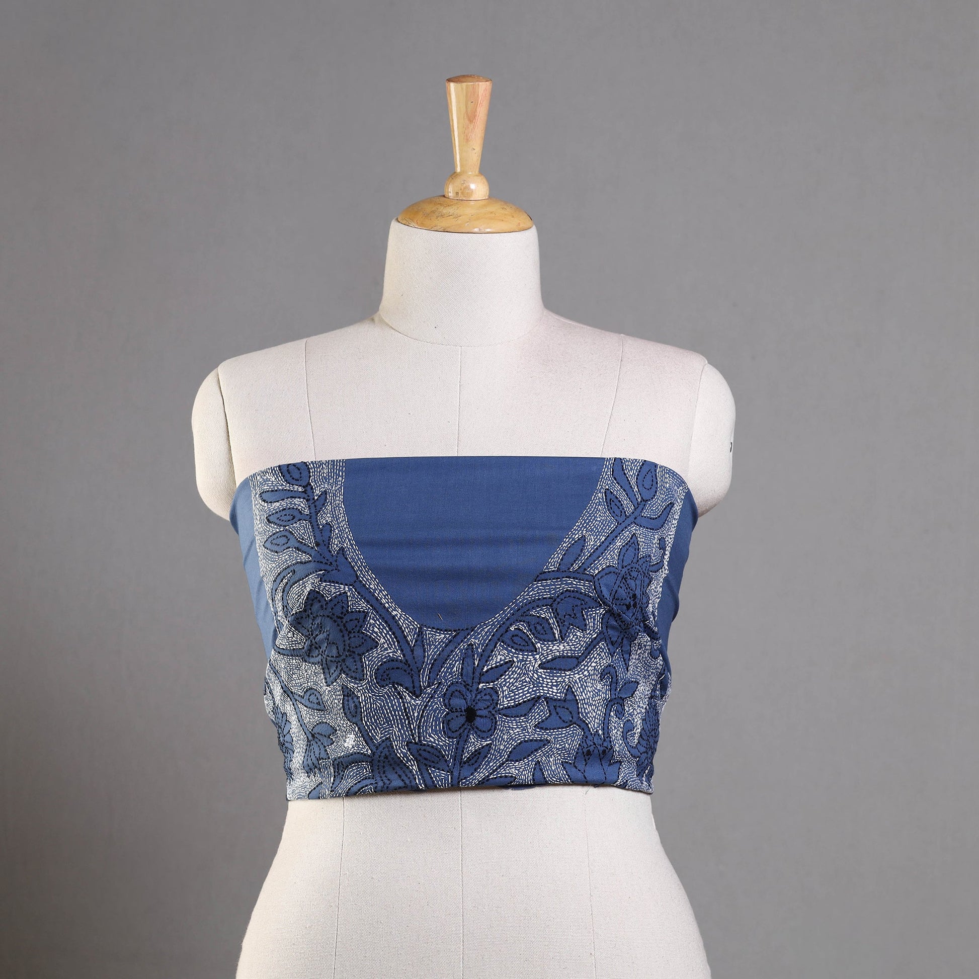 Blue - Bengal Kantha Embroidery Cotton Blouse Piece 44