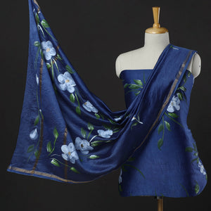 Blue - 3pc Hand Painted Chanderi Silk Suit Material Set 02