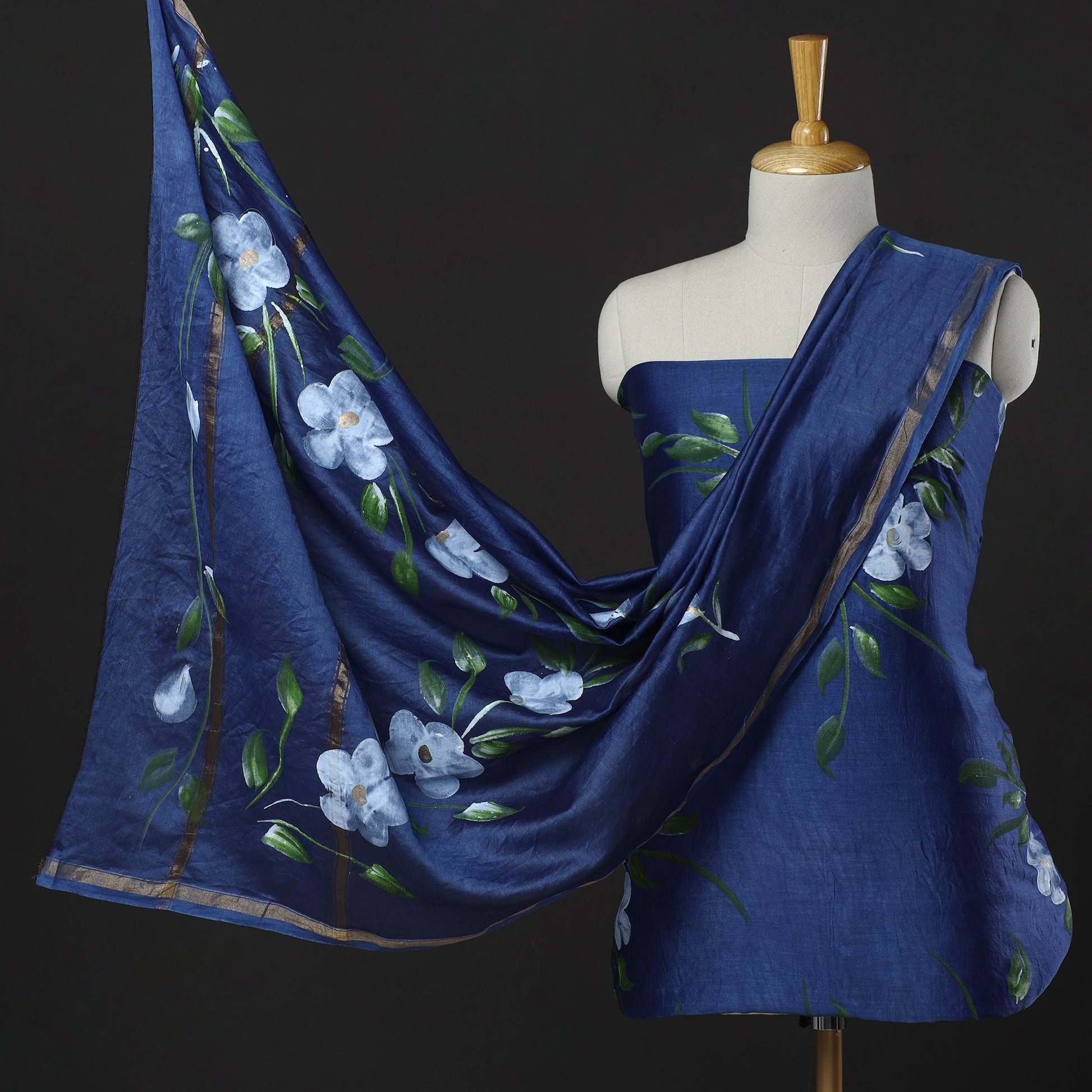 Blue - 3pc Hand Painted Chanderi Silk Suit Material Set 02