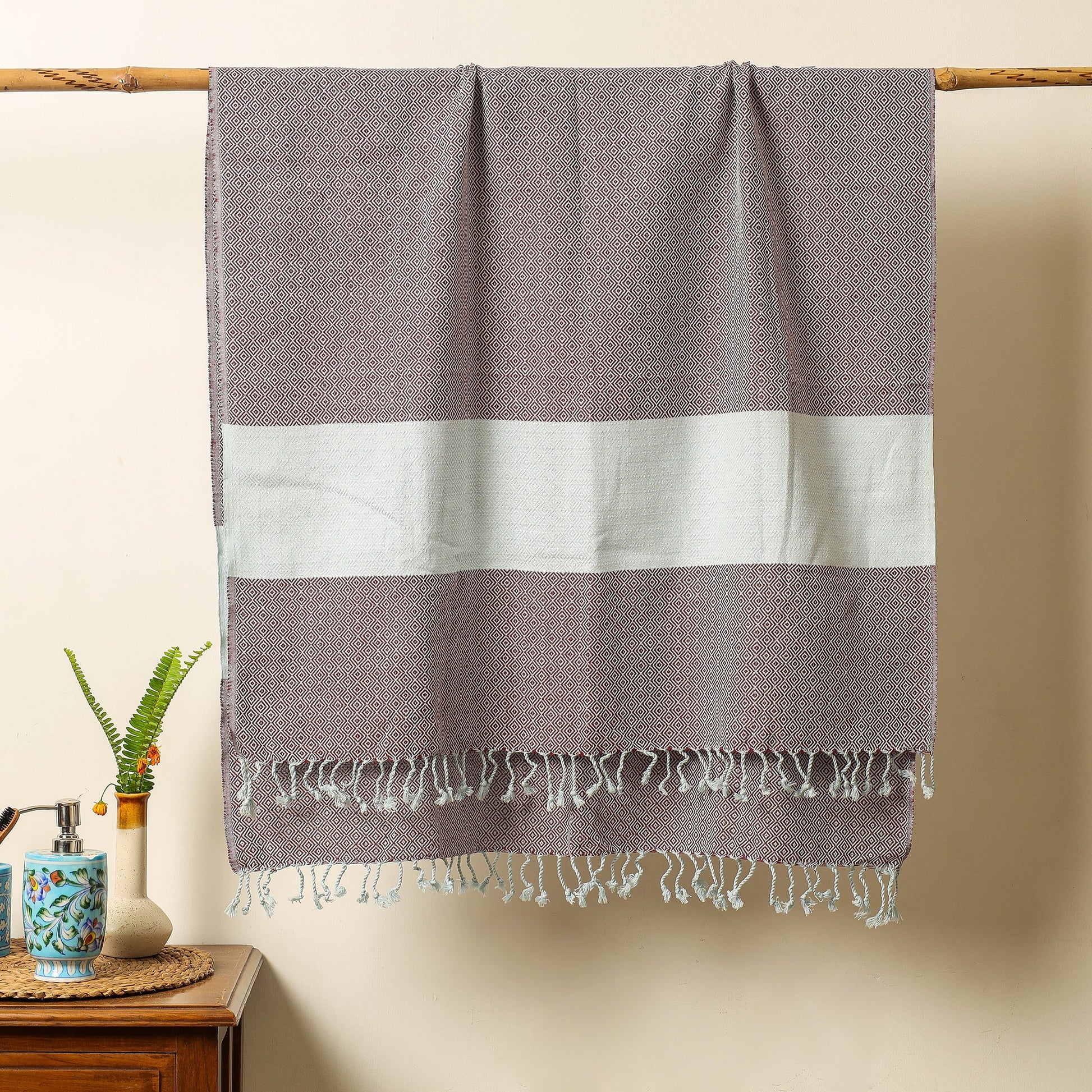 Brown - Handloom Cotton Towel with Tassels from Bijnor by Nizam