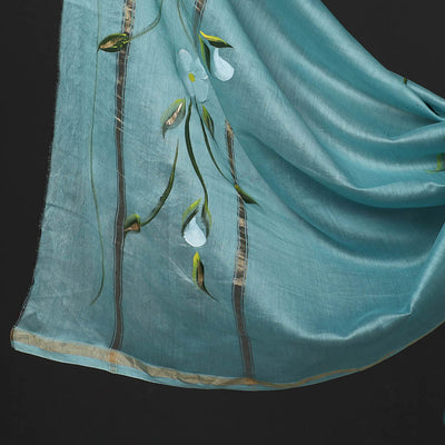 Blue - 3pc Hand Painted Chanderi Silk Suit Material Set 04