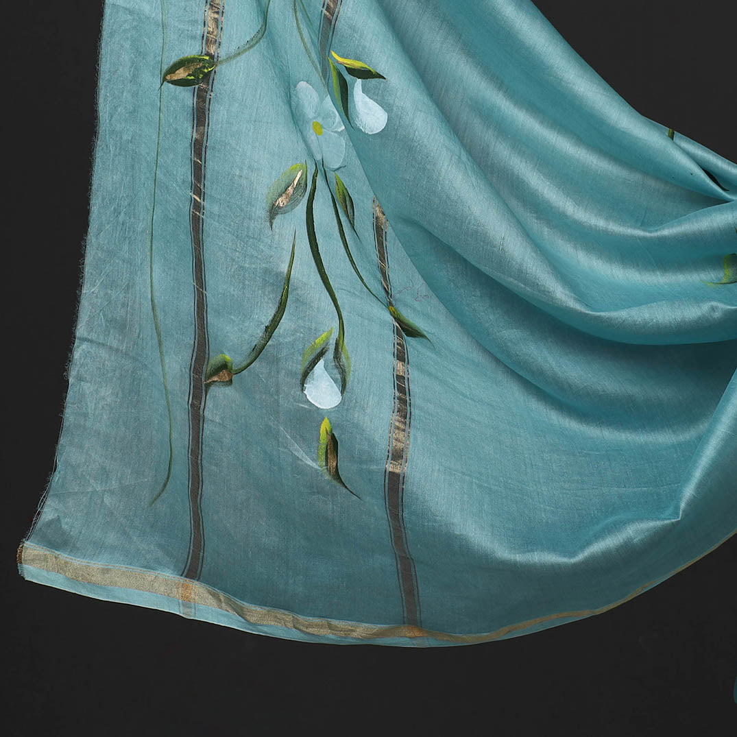 Blue - 3pc Hand Painted Chanderi Silk Suit Material Set 04