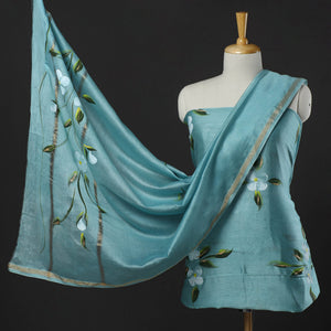 Blue - 3pc Hand Painted Chanderi Silk Suit Material Set 04