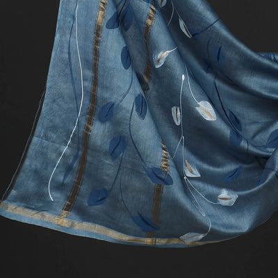 Blue - 3pc Hand Painted Chanderi Silk Suit Material Set 05