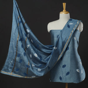Blue - 3pc Hand Painted Chanderi Silk Suit Material Set 05