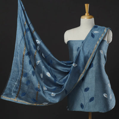 Blue - 3pc Hand Painted Chanderi Silk Suit Material Set 05