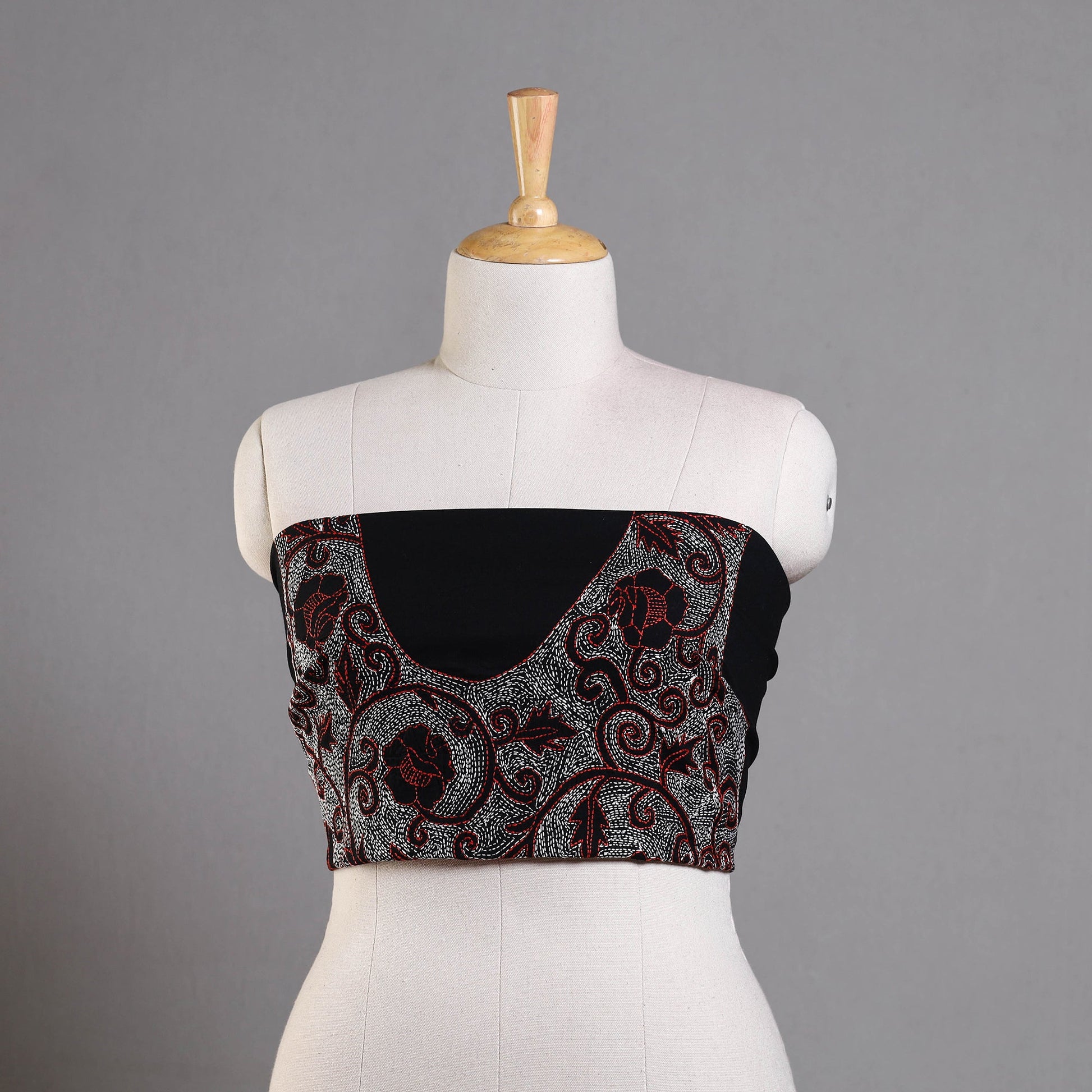 Black - Bengal Kantha Embroidery Cotton Blouse Piece 50