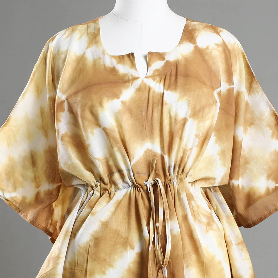 Brown - Shibori Tie-Dye Cotton Kaftan with Tie-Up Waist (Medium)