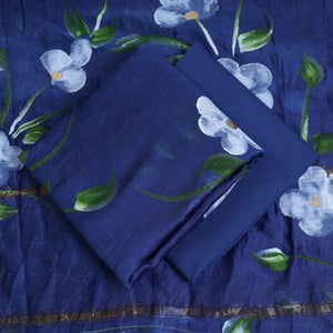 Blue - 3pc Hand Painted Chanderi Silk Suit Material Set 02
