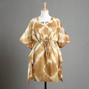Brown - Shibori Tie-Dye Cotton Kaftan with Tie-Up Waist (Medium)
