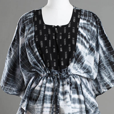 Black - Shibori Tie-Dye Cotton Kaftan with Tie-Up Waist (Medium)