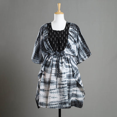 Black - Shibori Tie-Dye Cotton Kaftan with Tie-Up Waist (Medium)