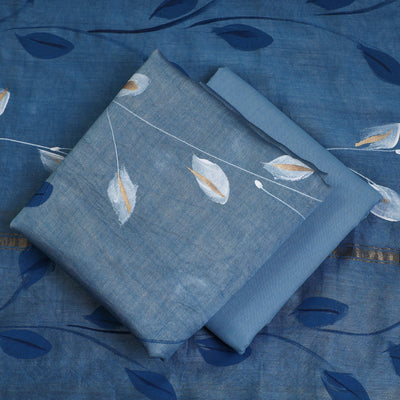 Blue - 3pc Hand Painted Chanderi Silk Suit Material Set 05
