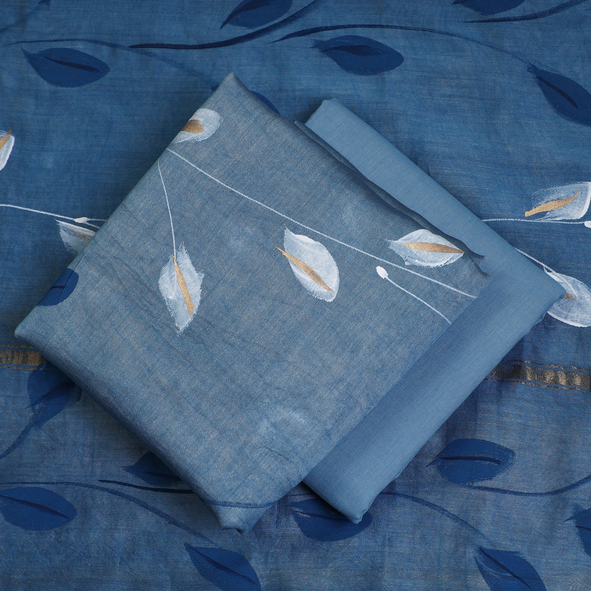 Blue - 3pc Hand Painted Chanderi Silk Suit Material Set 05