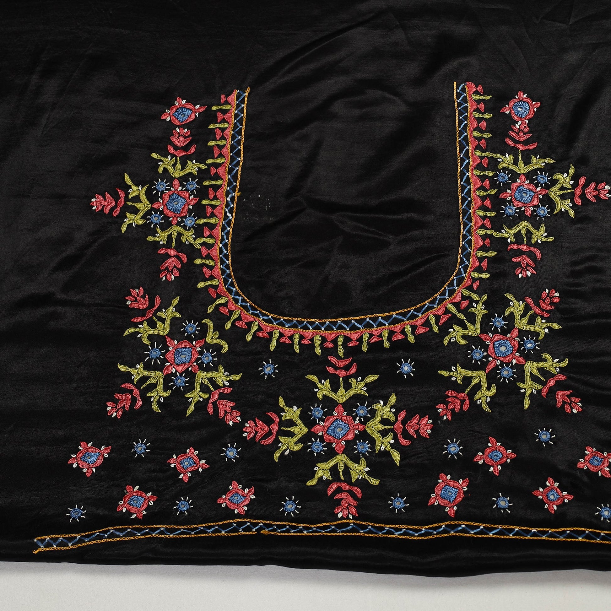 Black - Kutch Hand Embroidery Mashru Silk Blouse Piece 61