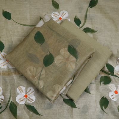 Beige - 3pc Hand Painted Chanderi Silk Suit Material Set 09