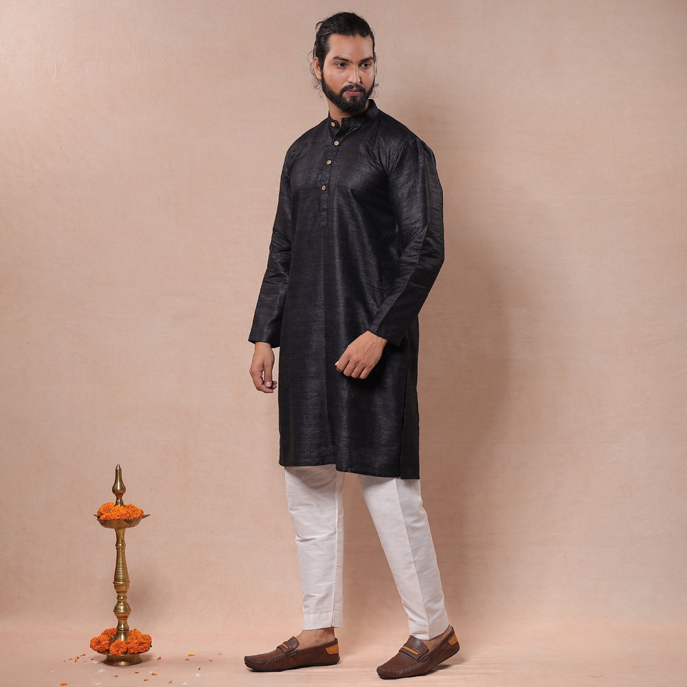 Black - Men Tussar Ghicha Silk Handloom Long Kurta