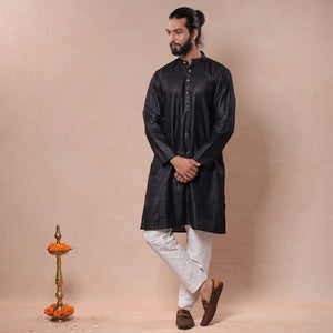 Black - Men Tussar Ghicha Silk Handloom Long Kurta