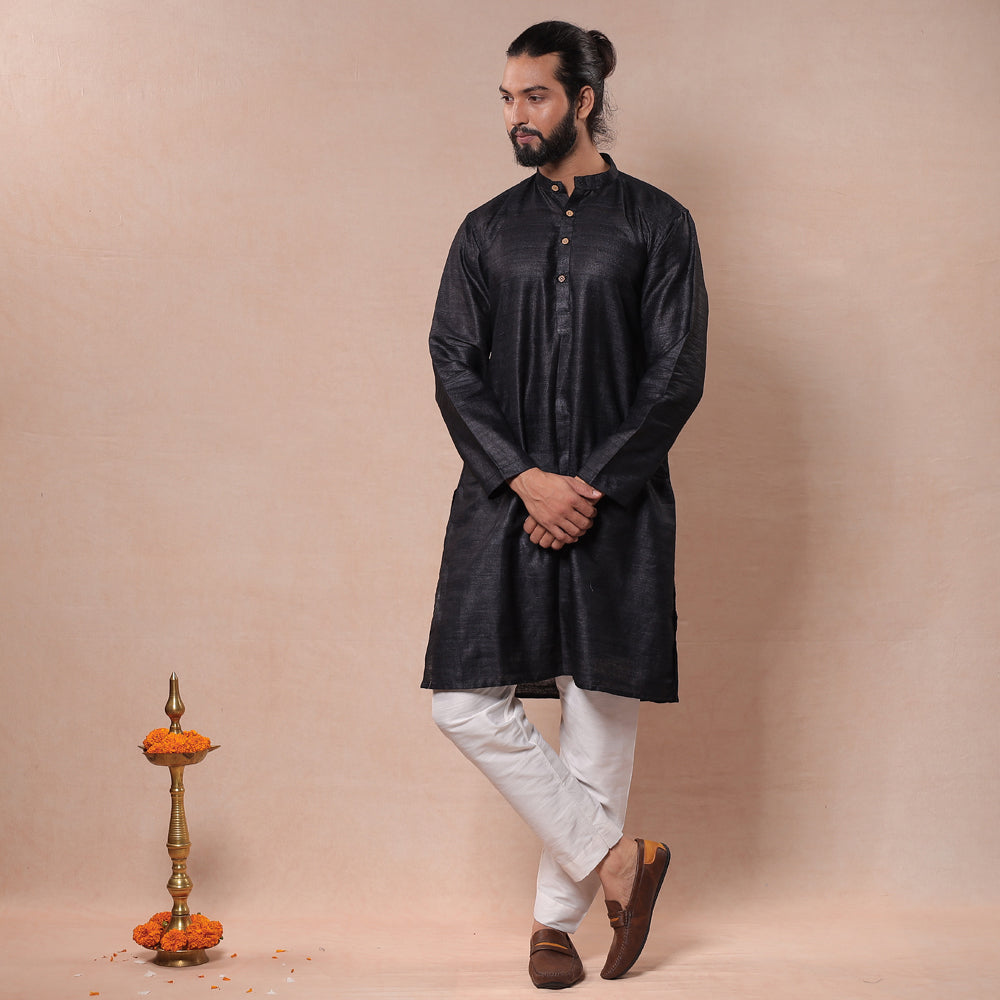 Black - Men Tussar Ghicha Silk Handloom Long Kurta