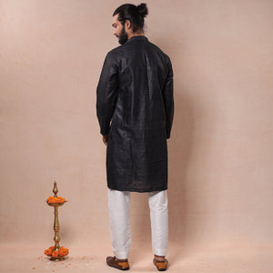 Black - Men Tussar Ghicha Silk Handloom Long Kurta