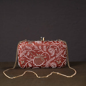 Brown - Chikankari Hand Embroidery Tussar Silk Clutch / Sling Bag 14