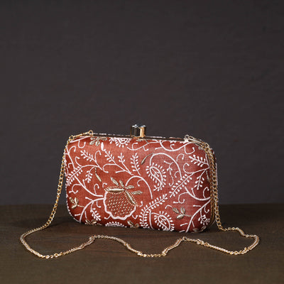Brown - Chikankari Hand Embroidery Tussar Silk Clutch / Sling Bag 14