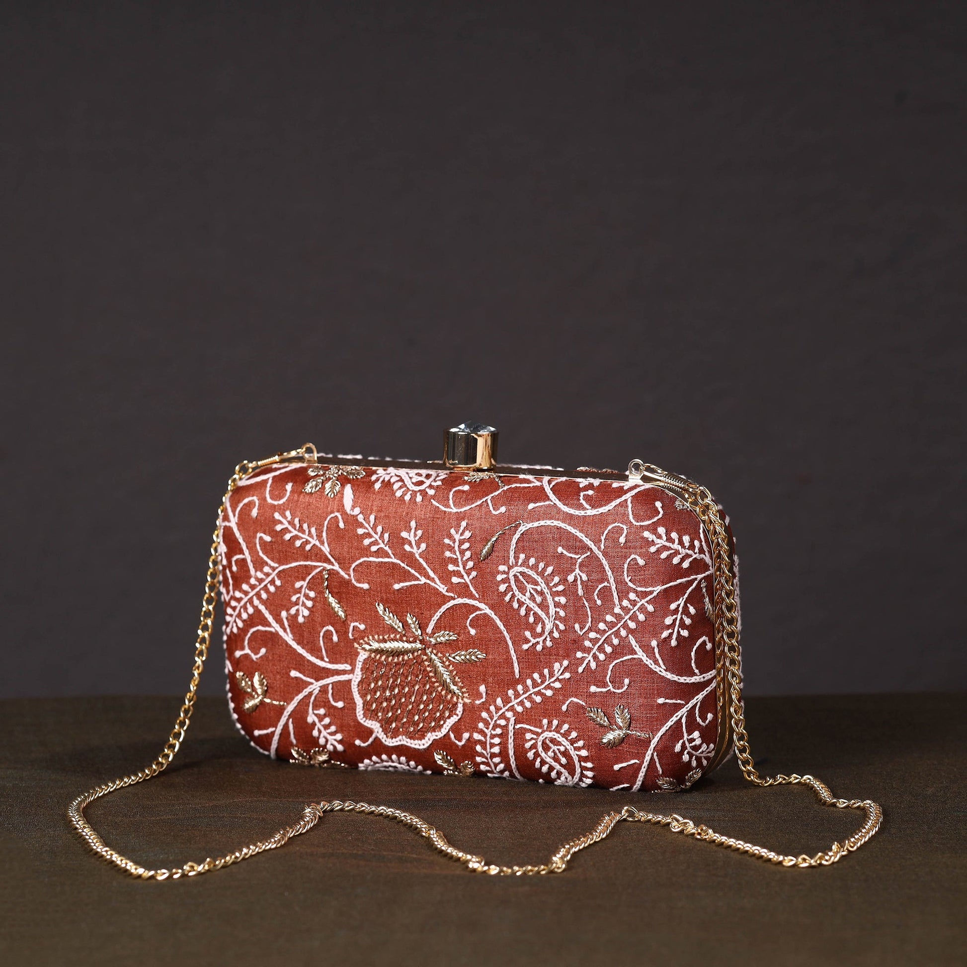 Brown - Chikankari Hand Embroidery Tussar Silk Clutch / Sling Bag 14