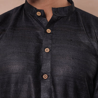Black - Men Tussar Ghicha Silk Handloom Long Kurta