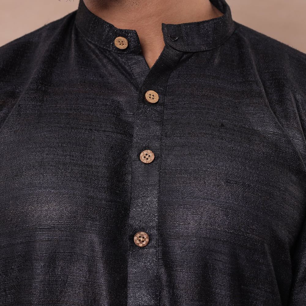 Black - Men Tussar Ghicha Silk Handloom Long Kurta