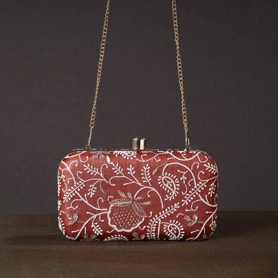 Brown - Chikankari Hand Embroidery Tussar Silk Clutch / Sling Bag 14