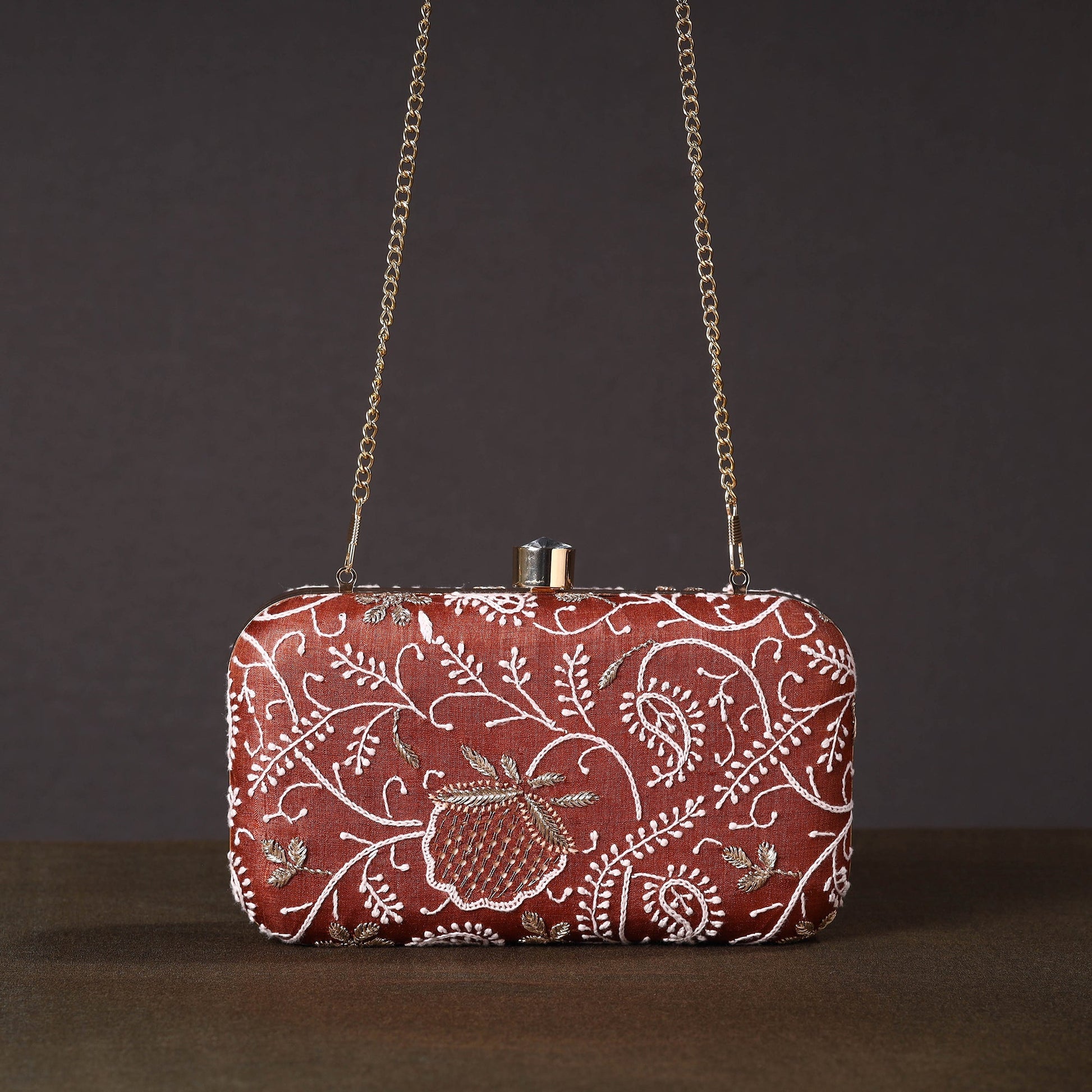 Brown - Chikankari Hand Embroidery Tussar Silk Clutch / Sling Bag 14