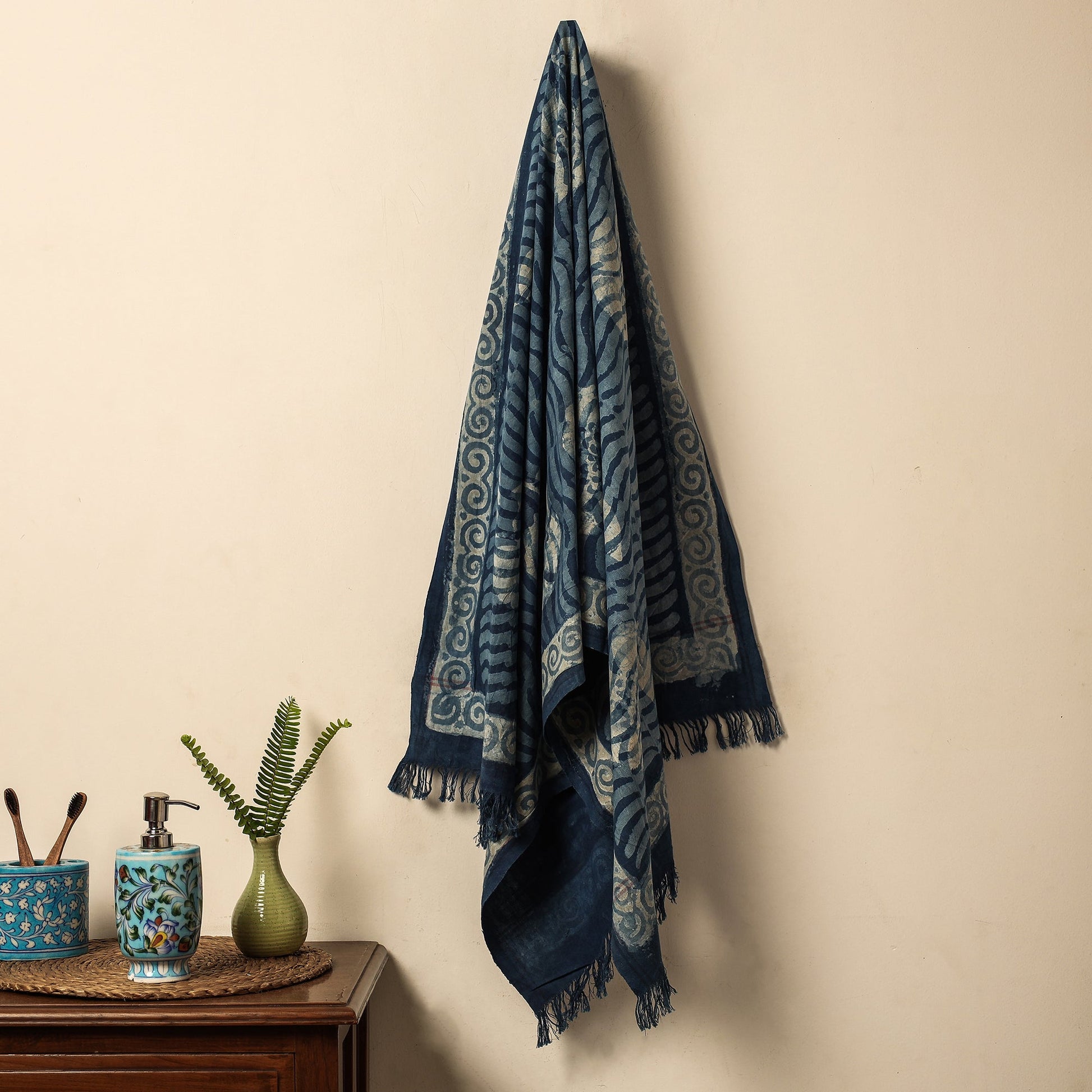 Blue - Bindaas Block Printed Jhiri Handloom Cotton Towel