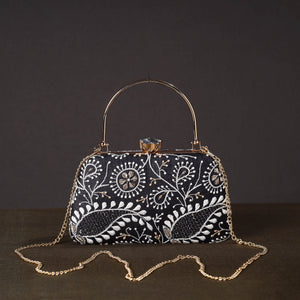 Black - Chikankari Hand Embroidery Tussar Silk Clutch / Sling Bag 01