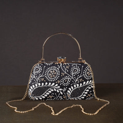 Black - Chikankari Hand Embroidery Tussar Silk Clutch / Sling Bag 01
