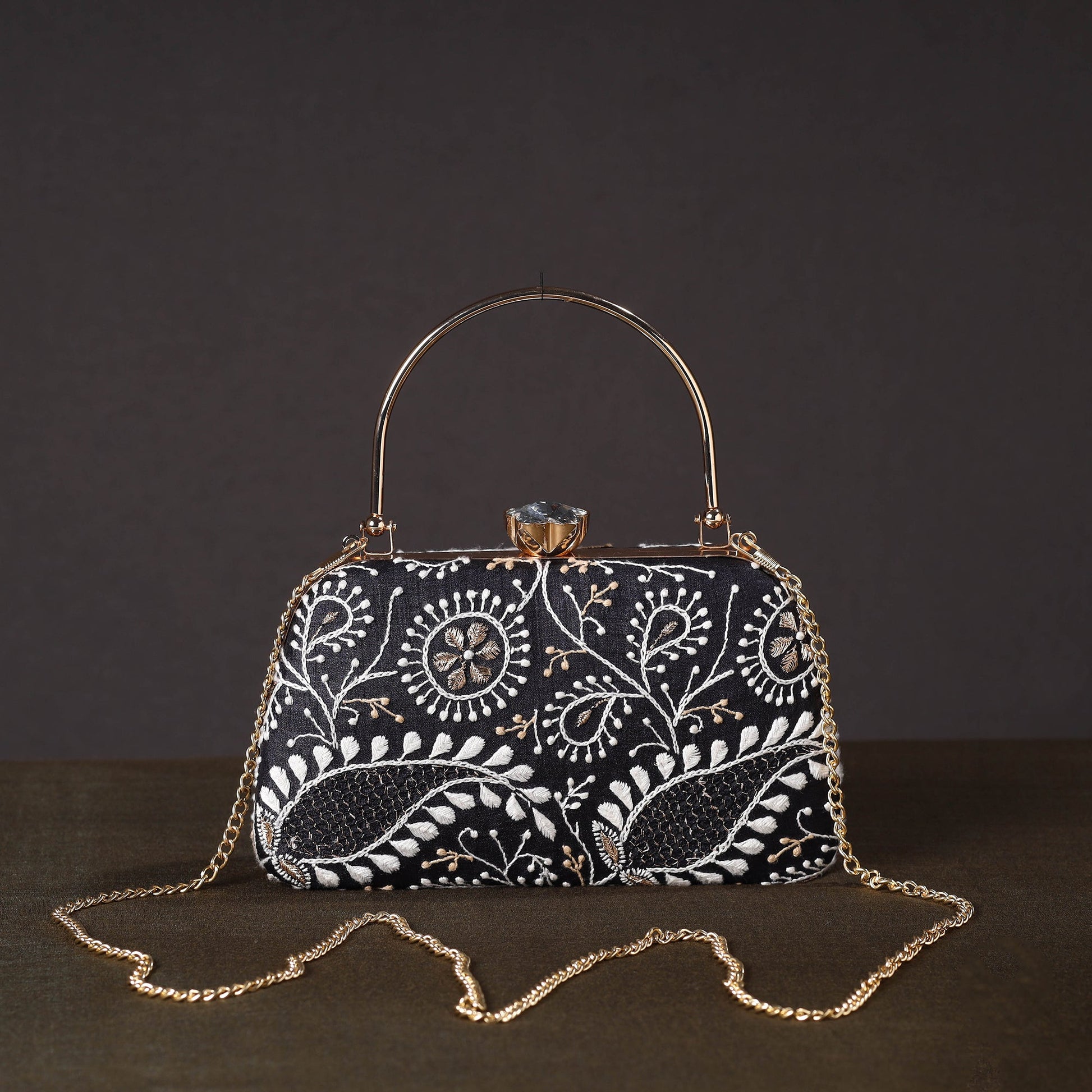 Black - Chikankari Hand Embroidery Tussar Silk Clutch / Sling Bag 01
