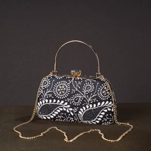 Black - Chikankari Hand Embroidery Tussar Silk Clutch / Sling Bag 01