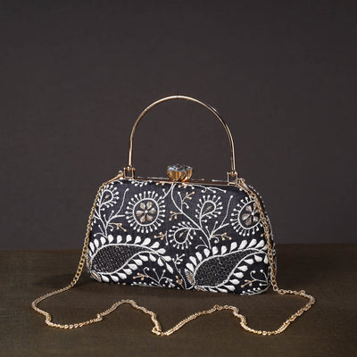 Black - Chikankari Hand Embroidery Tussar Silk Clutch / Sling Bag 01