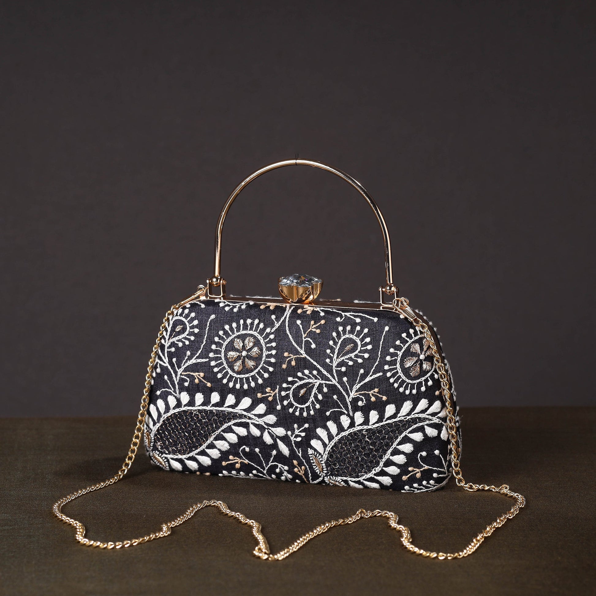 Black - Chikankari Hand Embroidery Tussar Silk Clutch / Sling Bag 01