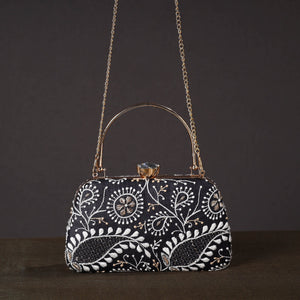 Black - Chikankari Hand Embroidery Tussar Silk Clutch / Sling Bag 01