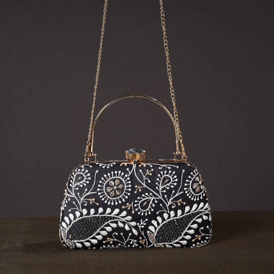 Black - Chikankari Hand Embroidery Tussar Silk Clutch / Sling Bag 01