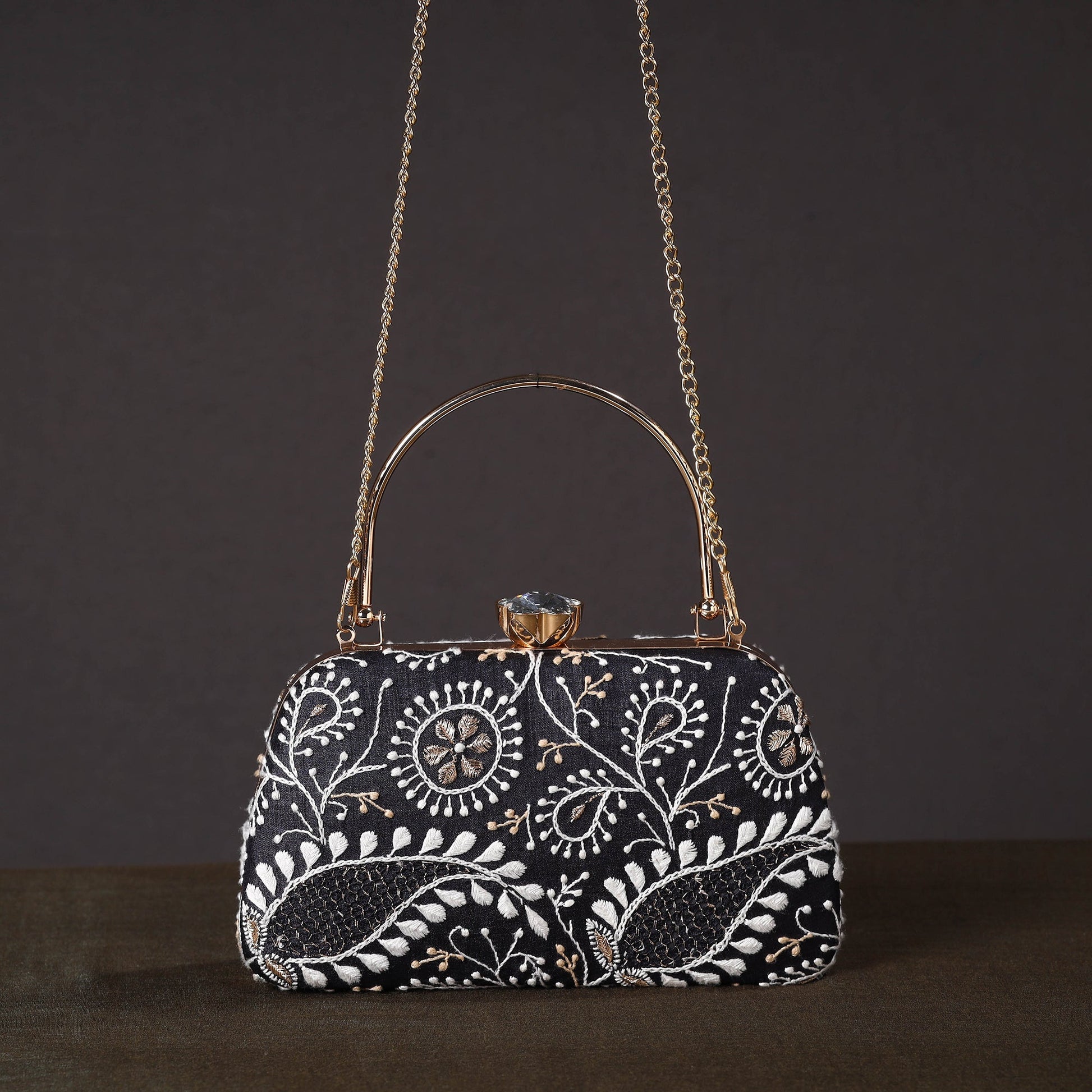 Black - Chikankari Hand Embroidery Tussar Silk Clutch / Sling Bag 01