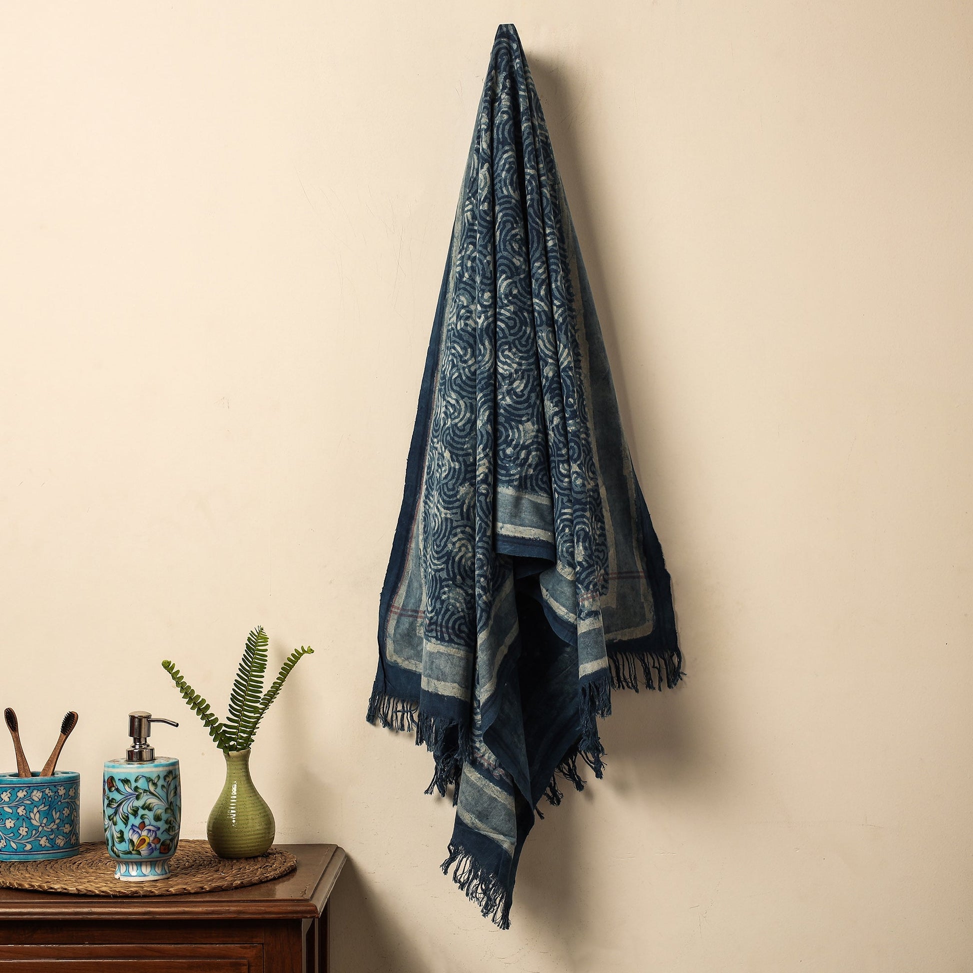 Blue - Bindaas Block Printed Jhiri Handloom Cotton Towel