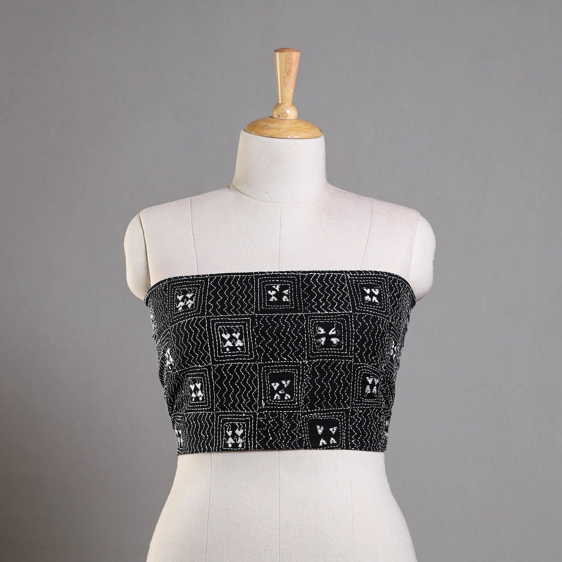 Black - Bengal Kantha Embroidery Cotton Blouse Piece 84