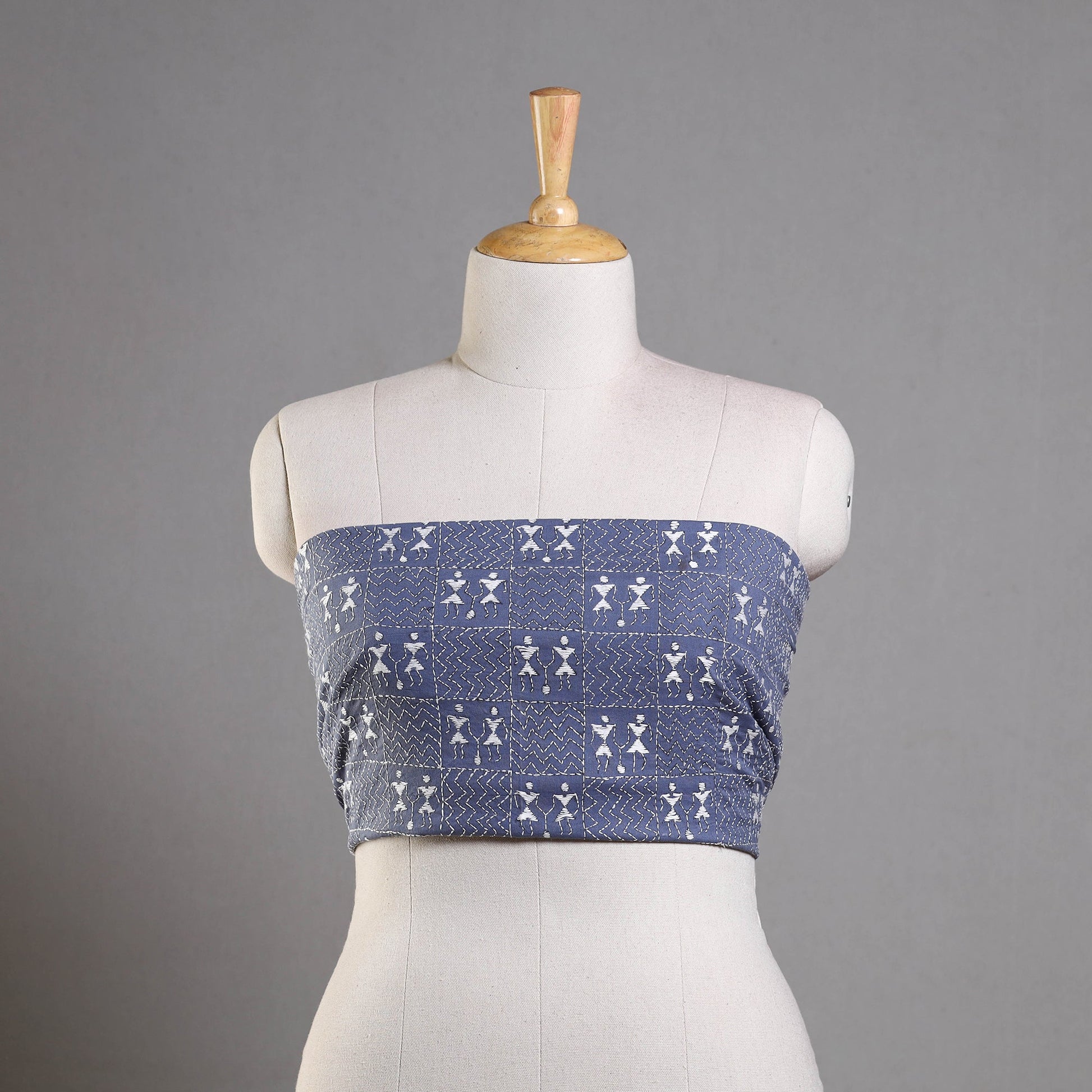 Blue - Bengal Kantha Embroidery Cotton Blouse Piece 87