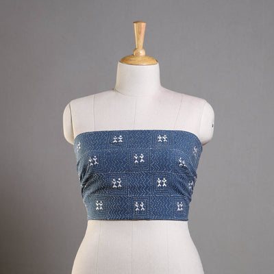 Blue - Bengal Kantha Embroidery Cotton Blouse Piece 88