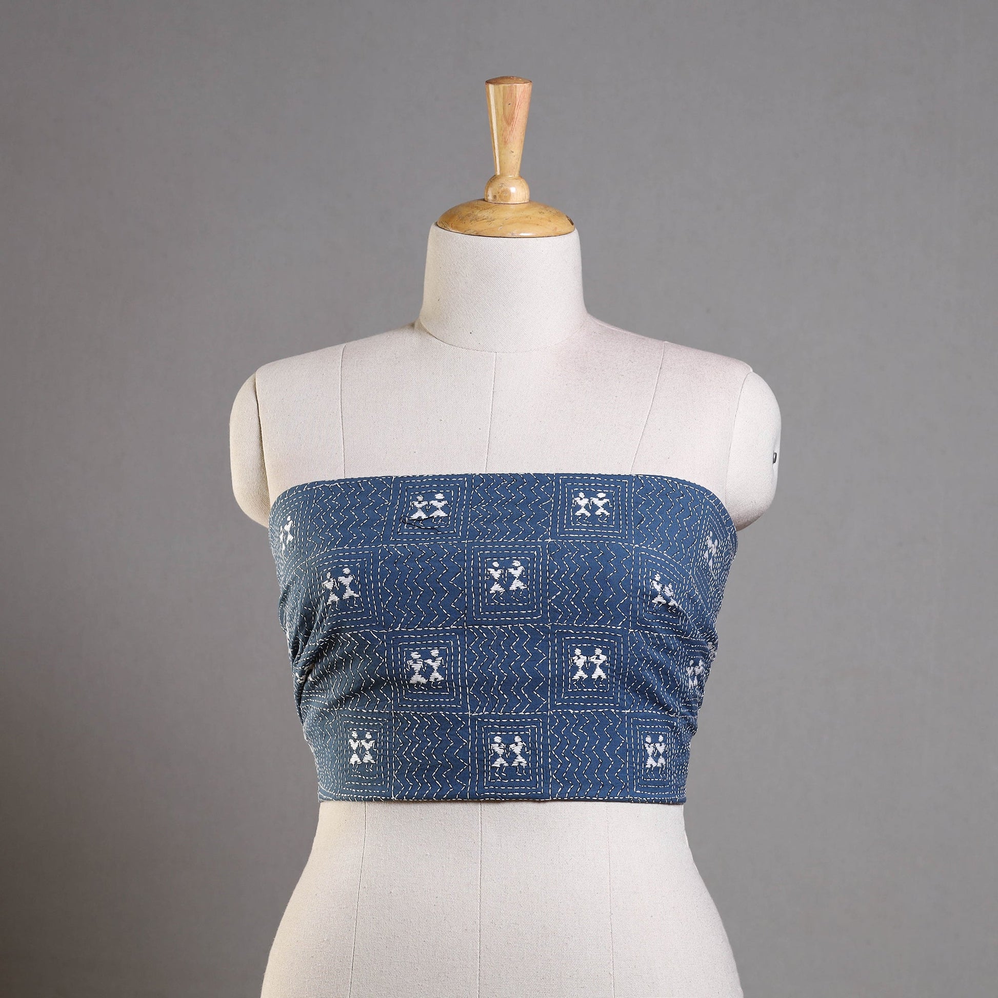 Blue - Bengal Kantha Embroidery Cotton Blouse Piece 88