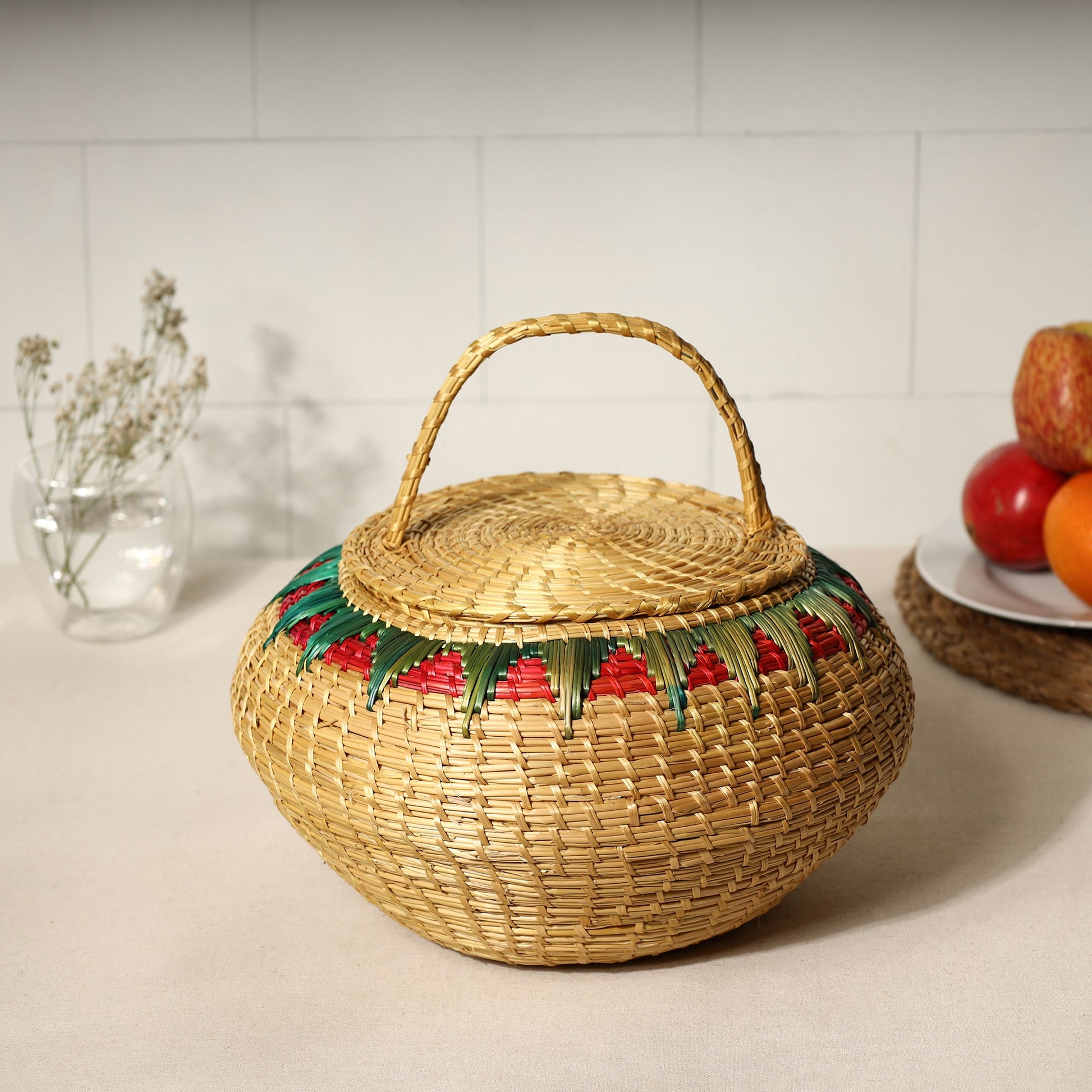Beige - Handmade Sikki Grass Multipurpose Basket with Lid (Big)